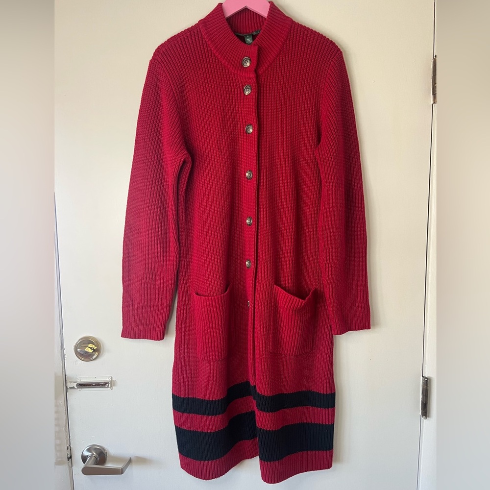 Lauren Ralph Lauren Red Black Stripe Knit Sweater Coat Cardigan Cotton